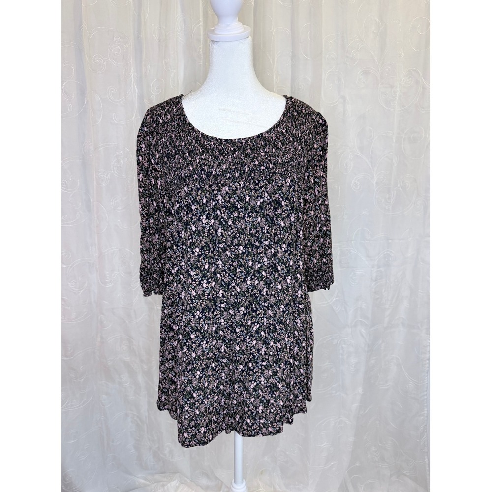 Terra & Sky Floral Smocked Blouse 1X 16W-18W Pink Ditsy Boho Rayon Top